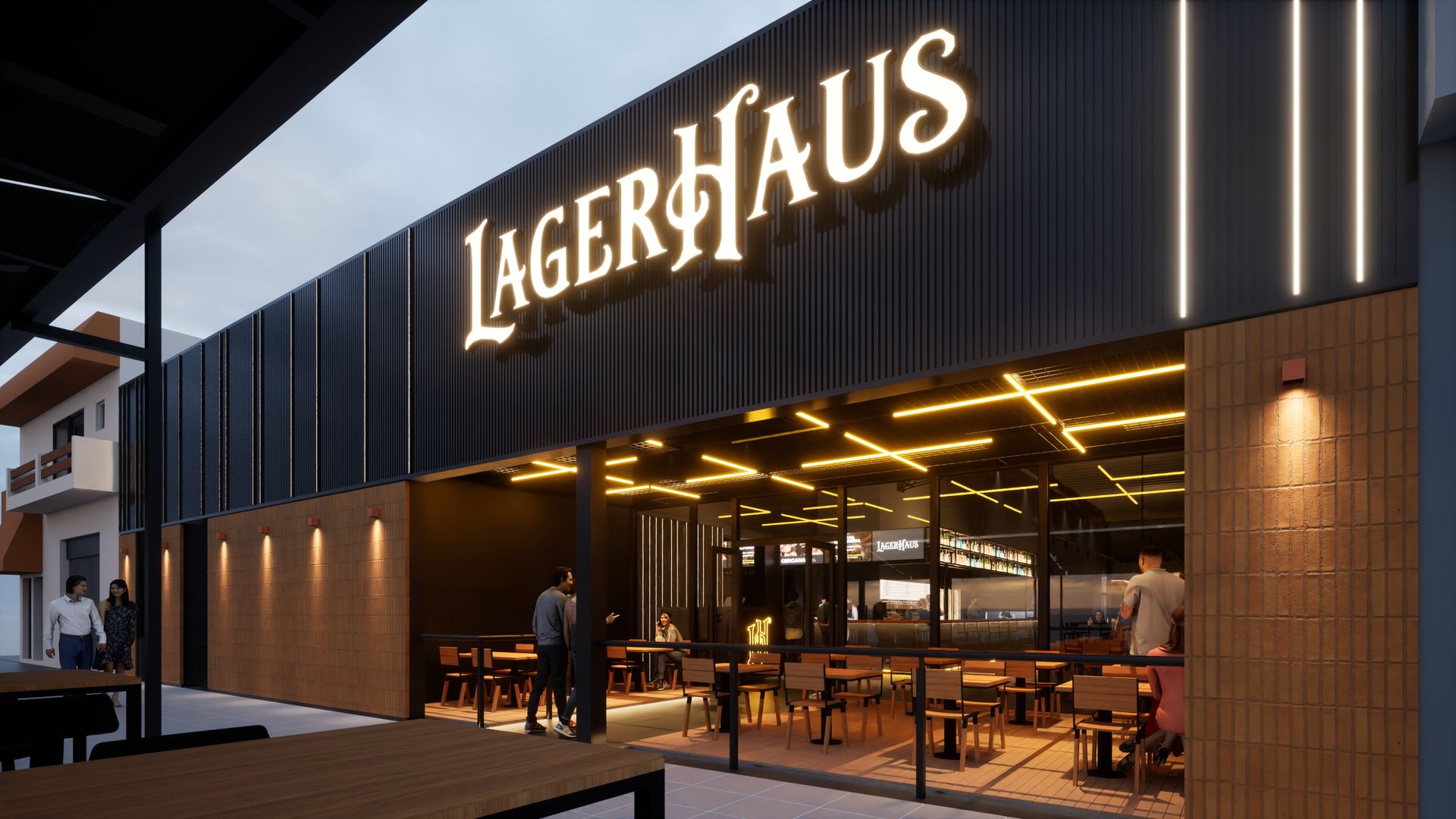 Interior de LagerHaus Devoto, cervecería diseñada por Terrenal Estudio